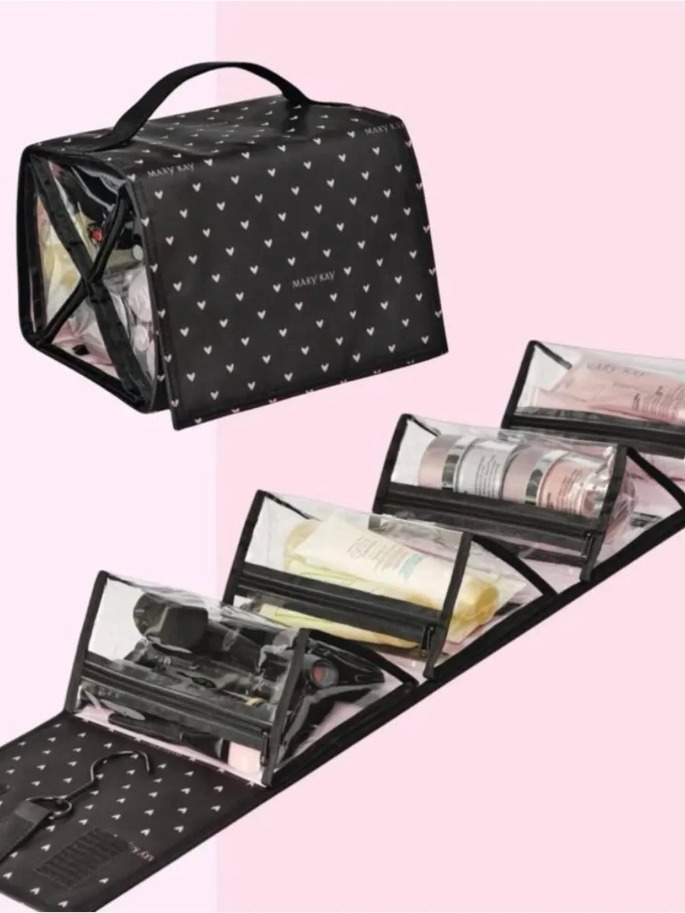 Mary Kay Black Fold-Out Clear Compartment Makeup Organizer with Heart Print